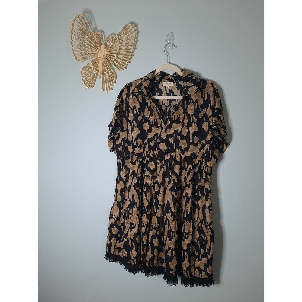 Umgee USA Black Tan Abstract Print Tiered Babydoll Tunic Dress Frayed Hem L